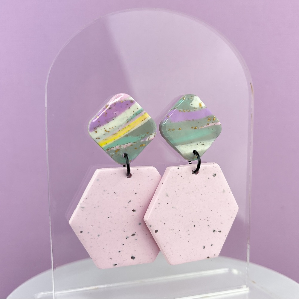 Colourful Marble Hexagon Earrings Handmade Polymer Clay